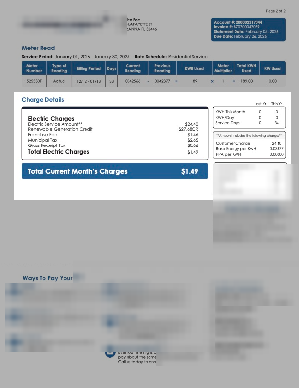 Charge Details section, solar utility type.