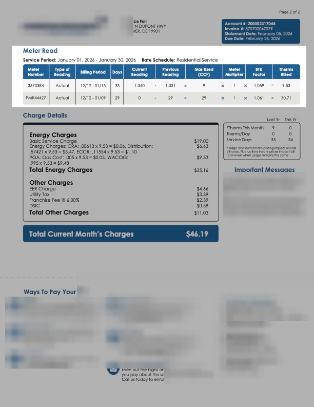 Meter Read table on the redesigned bill.