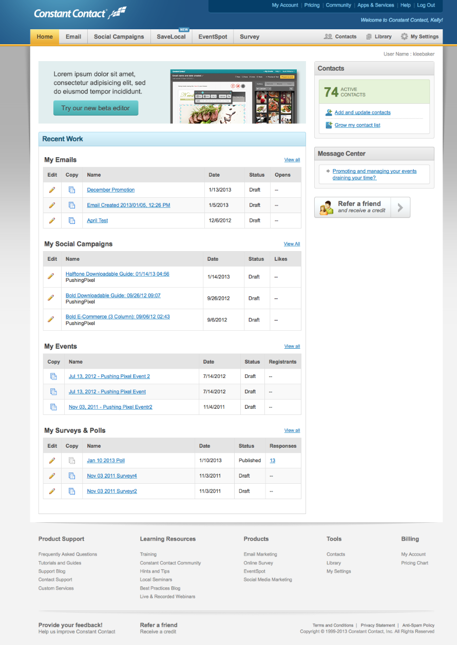 The Constant Contact product dashboard at the time this work began.