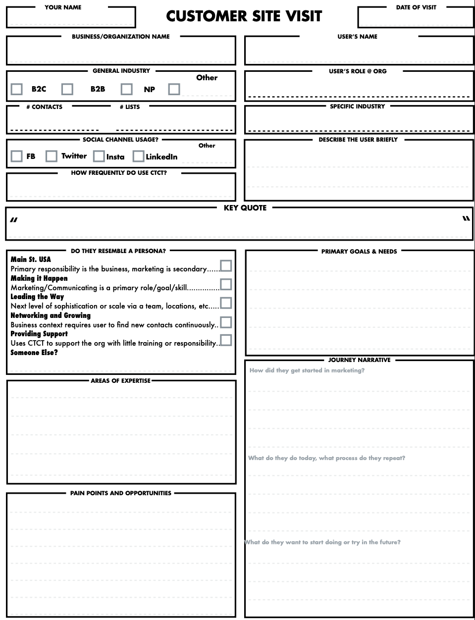 Blank customer site visit intake form template.